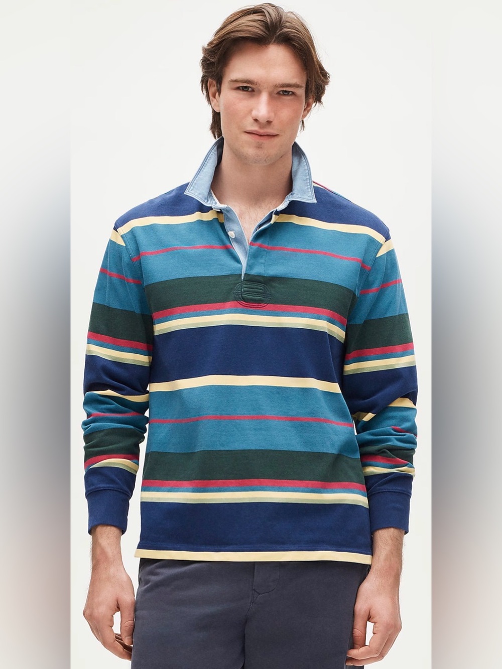 J. Crew Rugby shirt in stripe with denim collar Men’s size Large Brand New
